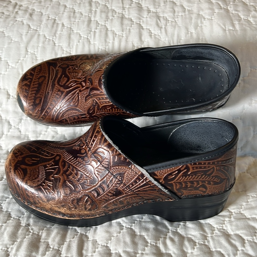Dansko Brown Tooled Leather Clogs